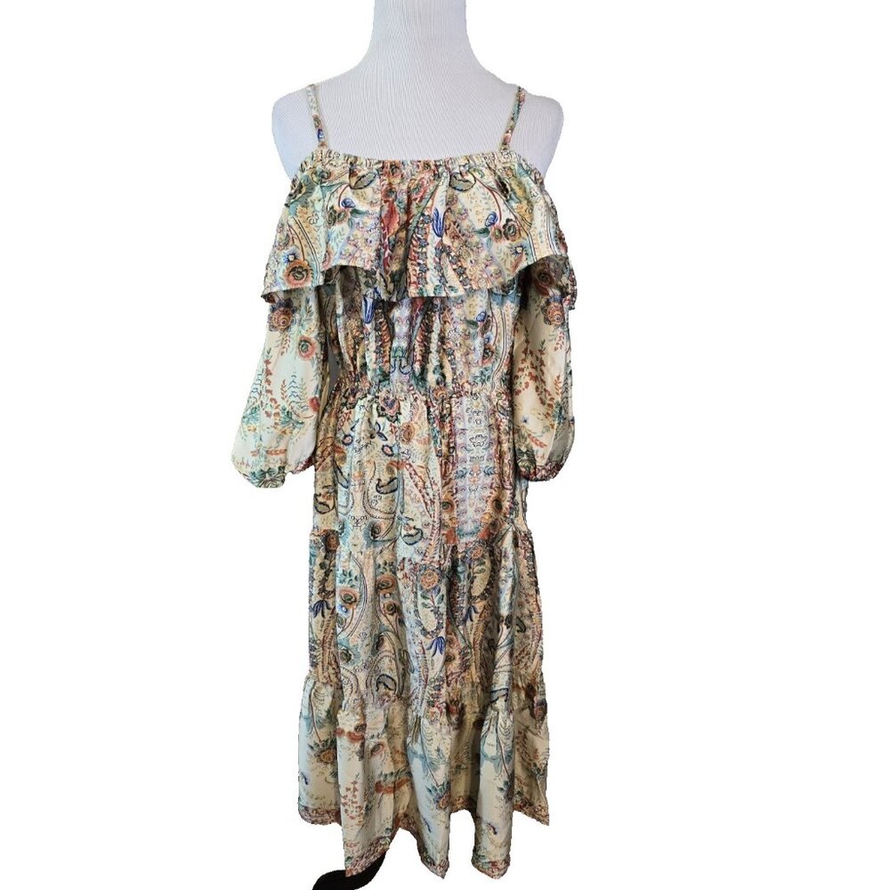 Umgee off the Shoulder 3/4 sleeve tiered vibrant print midi‎ dress size M New
